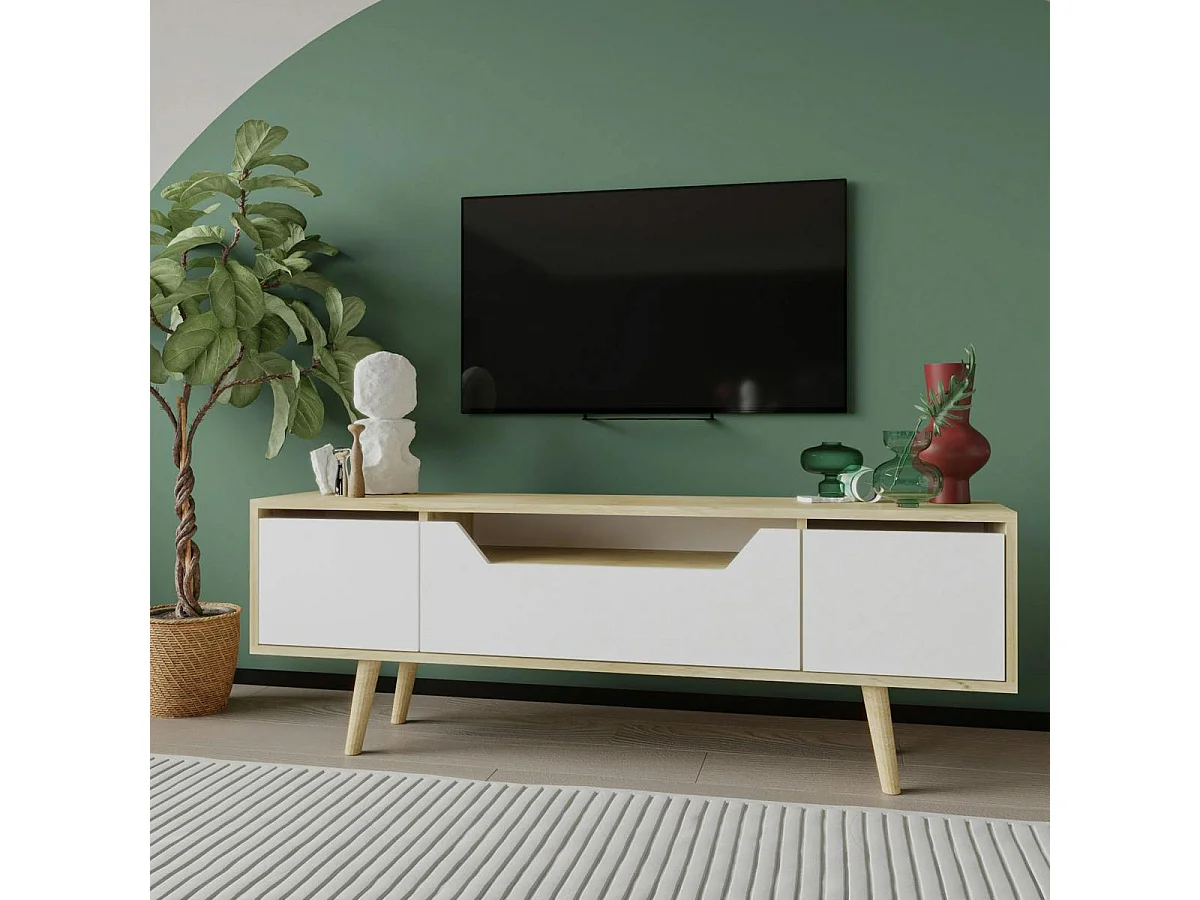 Meuble TV moderne 3 portes blanches cadre clair 150 cm MARFA