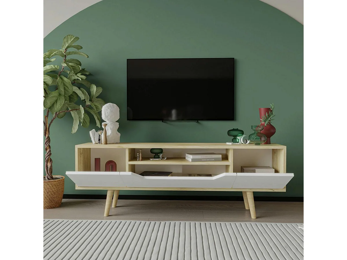 Meuble TV moderne 3 portes blanches cadre clair 150 cm MARFA