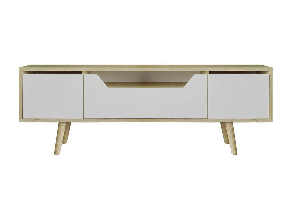 Meuble TV moderne 3 portes blanches cadre clair 150 cm MARFA