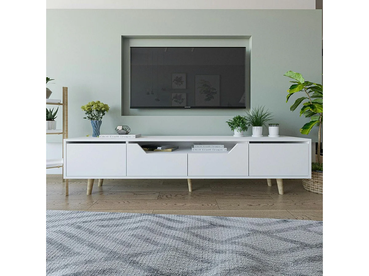 Long meuble TV blanc moderne, 4 portes 180 cm MARFA