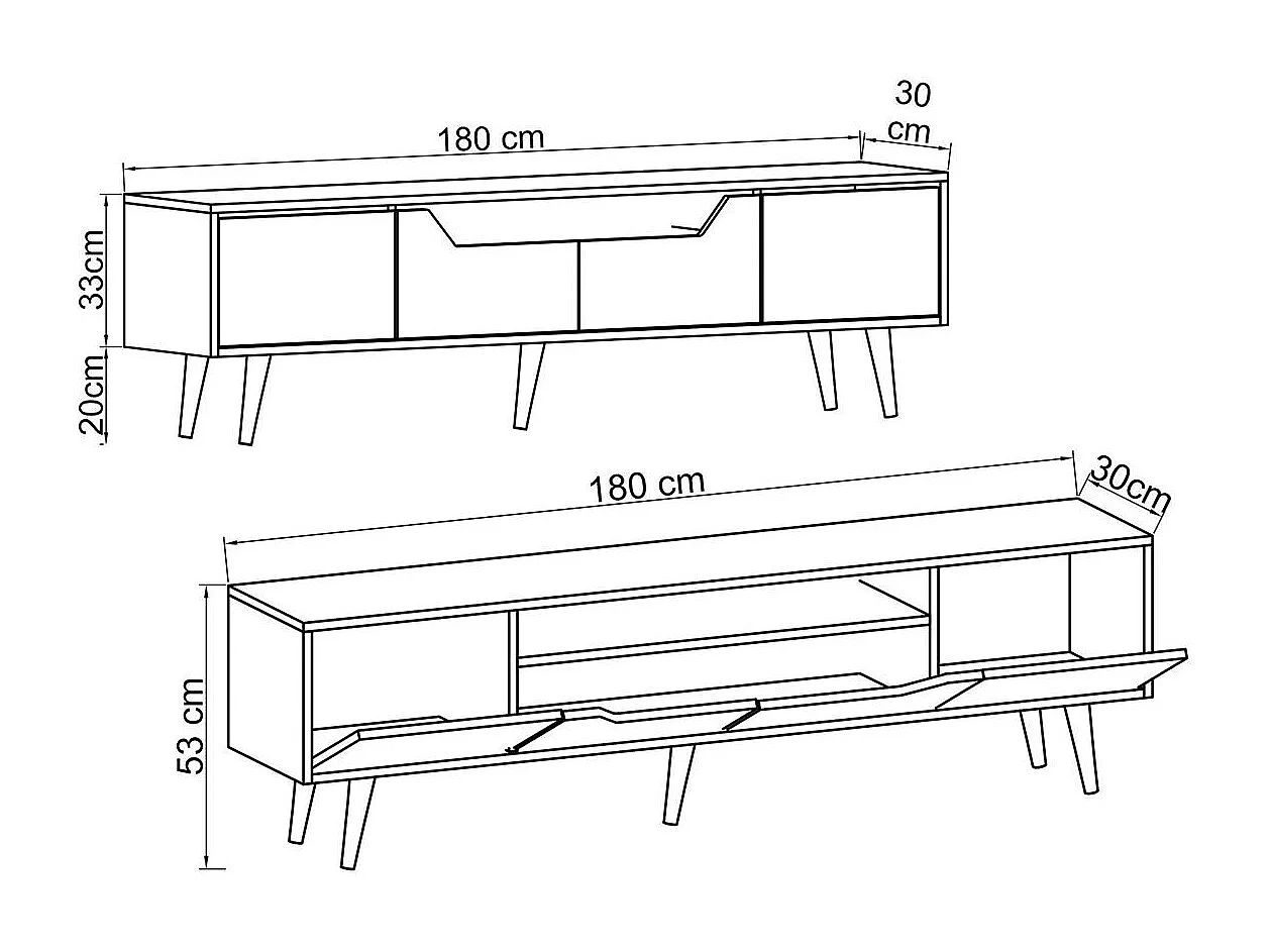 Long meuble TV blanc moderne, 4 portes 180 cm MARFA