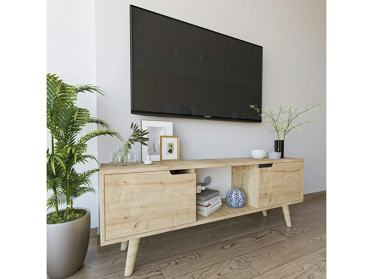 Petit meuble TV 2 portes effet bois clair poignées intégrées MARFA