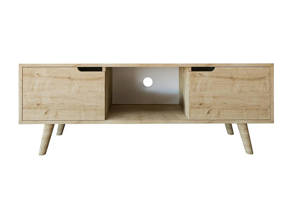 Petit meuble TV 2 portes effet bois clair poignées intégrées MARFA