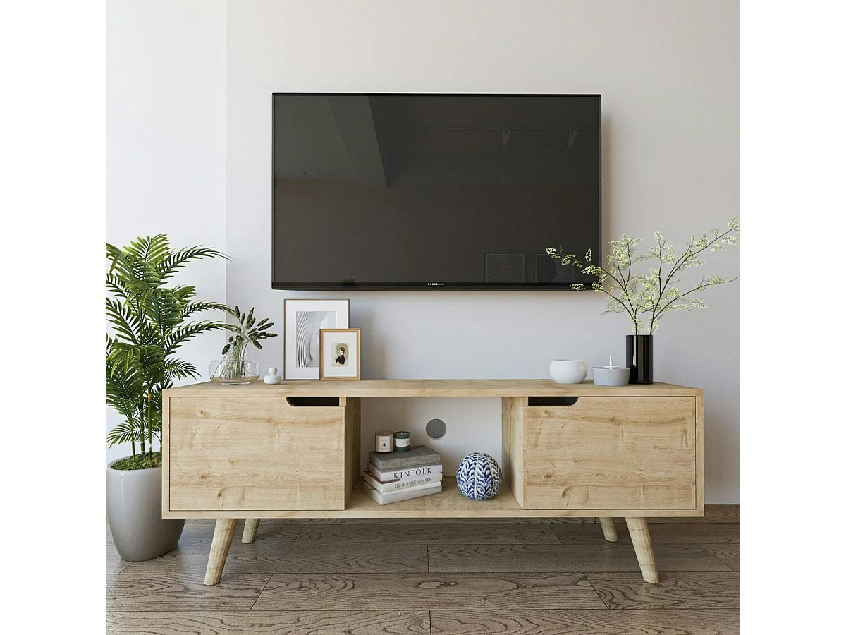 Petit meuble TV 2 portes effet bois clair poignées intégrées MARFA
