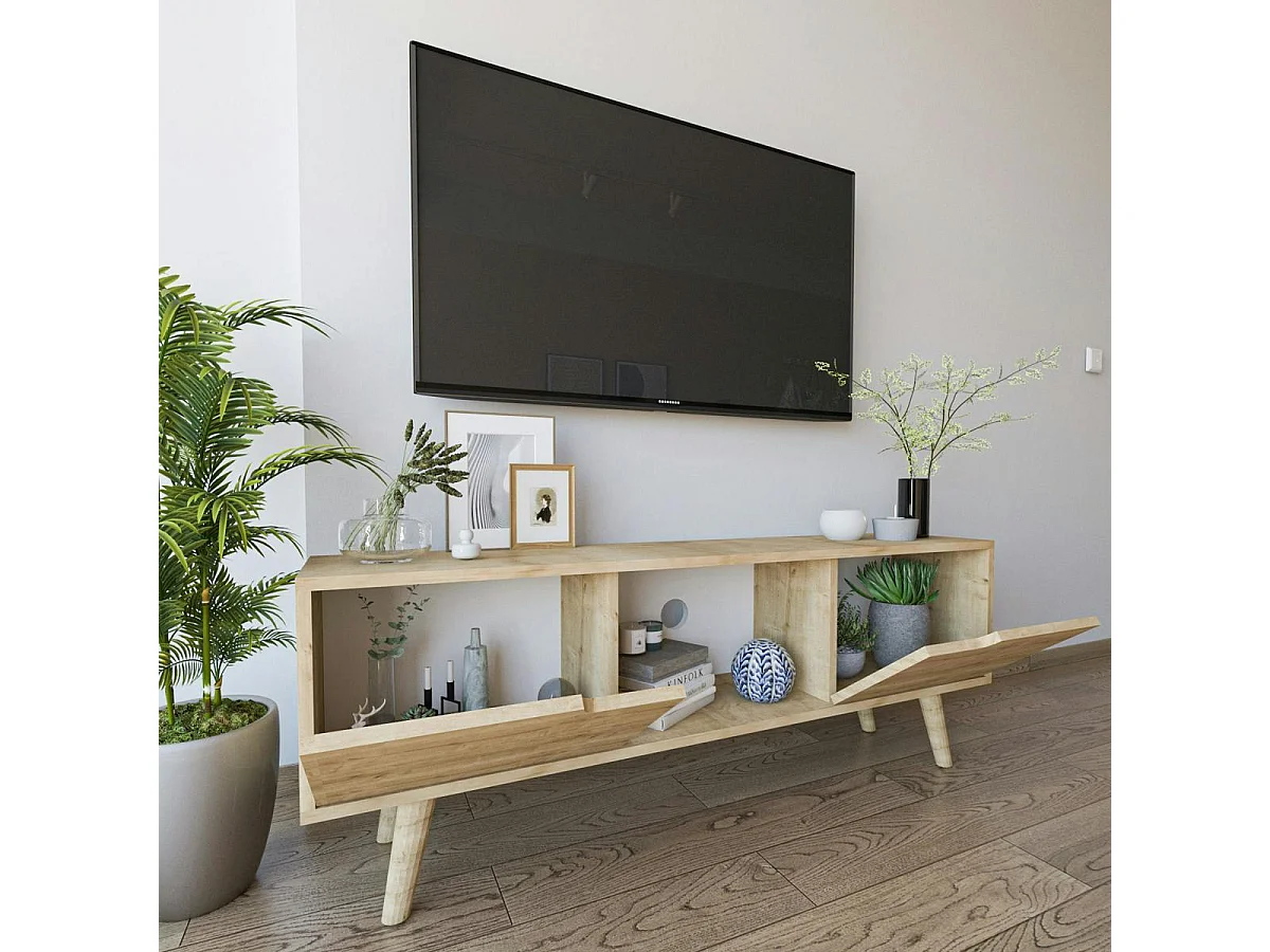 Petit meuble TV 2 portes effet bois clair poignées intégrées MARFA