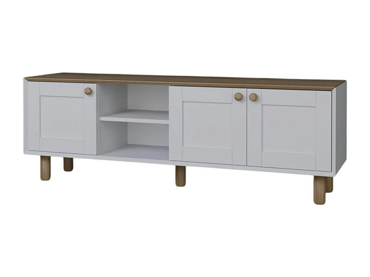 Meuble TV blanc, 3 portes à cadre plateau effet chêne VAREN