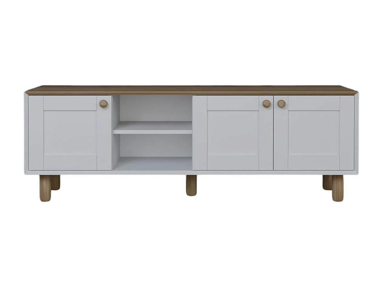 Meuble TV blanc, 3 portes à cadre plateau effet chêne VAREN