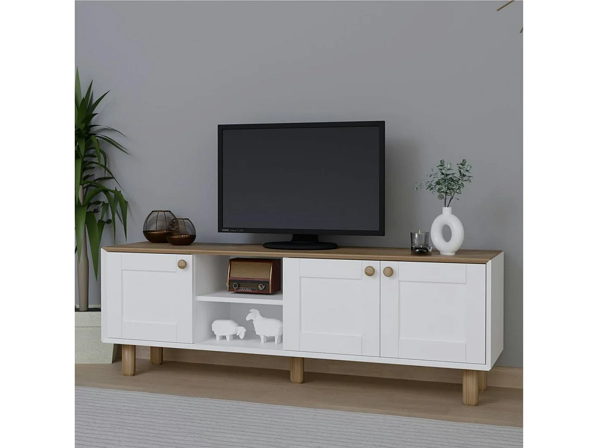 Meuble TV blanc, 3 portes à cadre plateau effet chêne VAREN