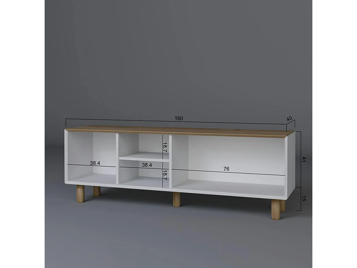 Meuble TV blanc, 3 portes à cadre plateau effet chêne VAREN