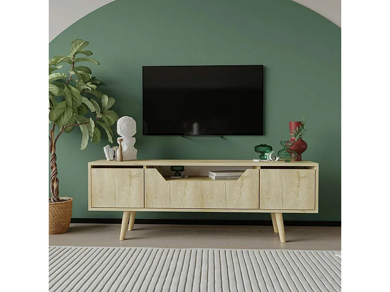 Meuble TV moderne 3 portes effet bois clair 150 cm MARFA