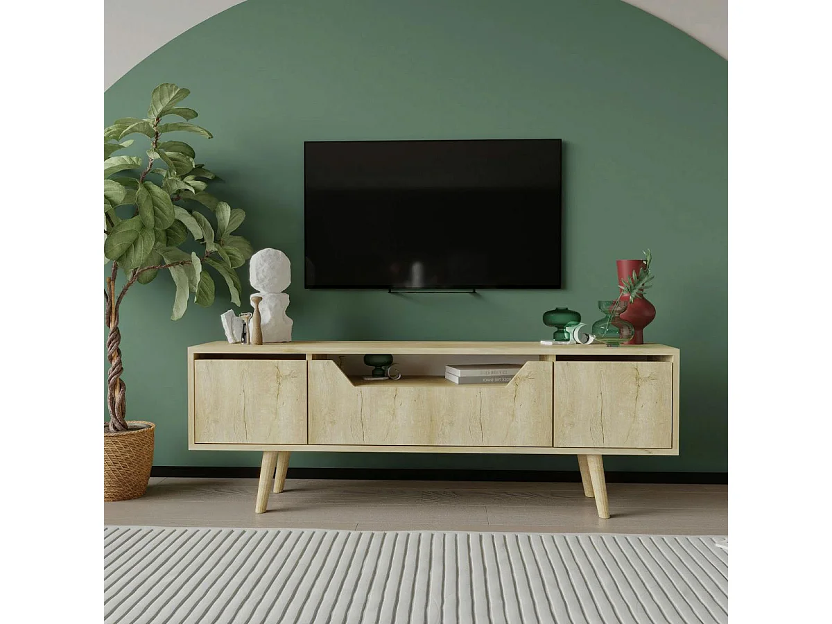 Meuble TV moderne 3 portes effet bois clair 150 cm MARFA