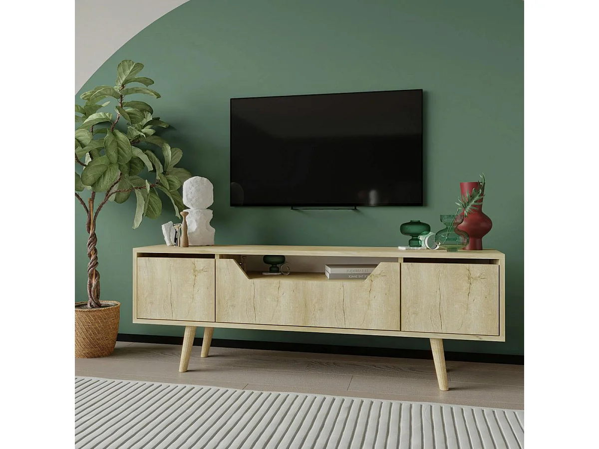 Meuble TV moderne 3 portes effet bois clair 150 cm MARFA