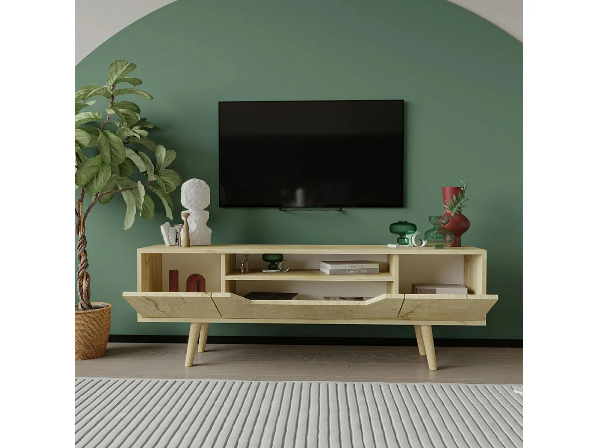 Meuble TV moderne 3 portes effet bois clair 150 cm MARFA