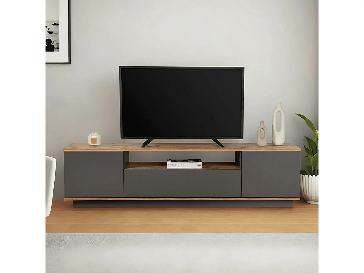 Meuble TV moderne 3 portes gris foncé et effet pin MARFA