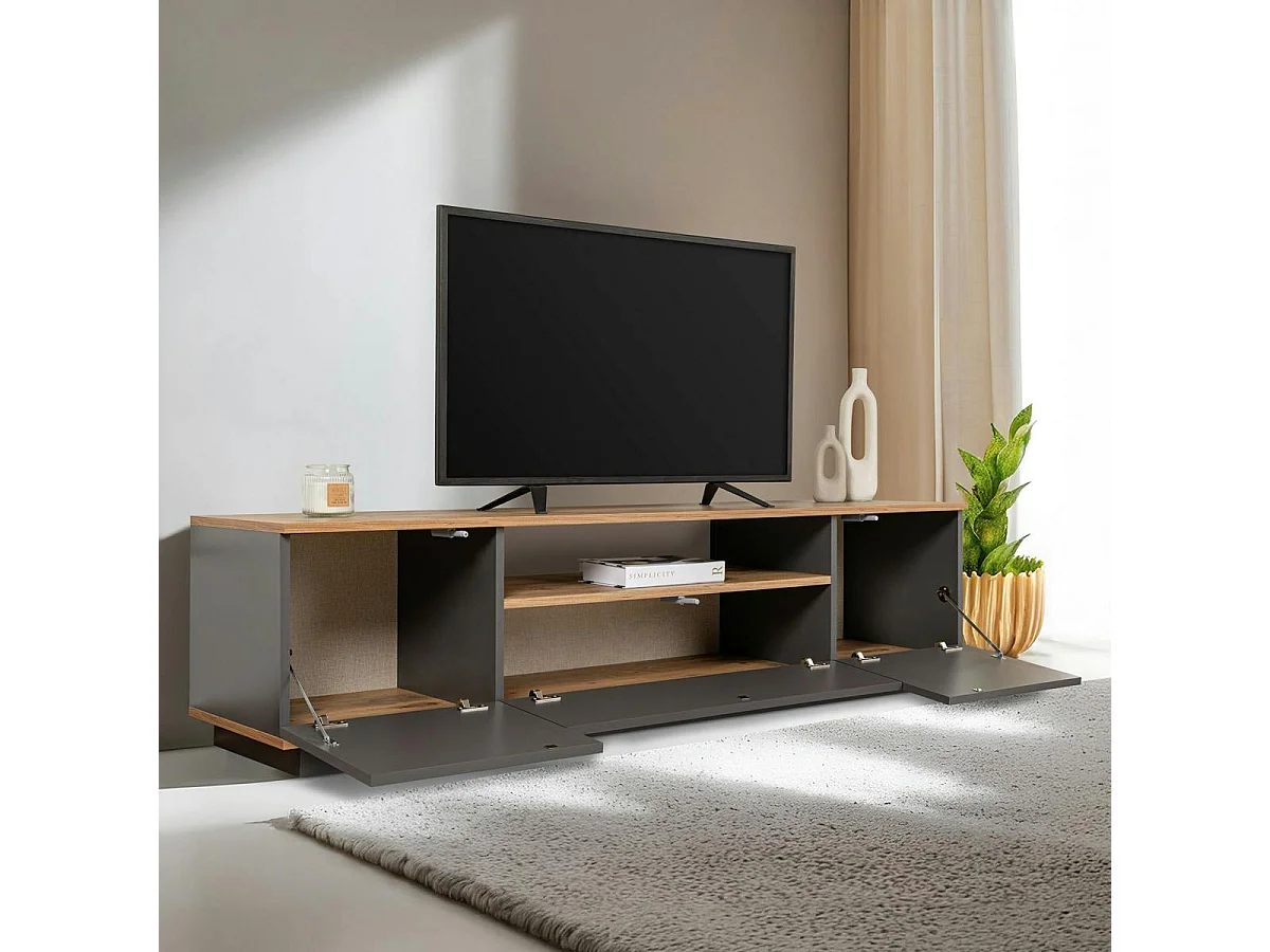 Meuble TV moderne 3 portes gris foncé et effet pin MARFA