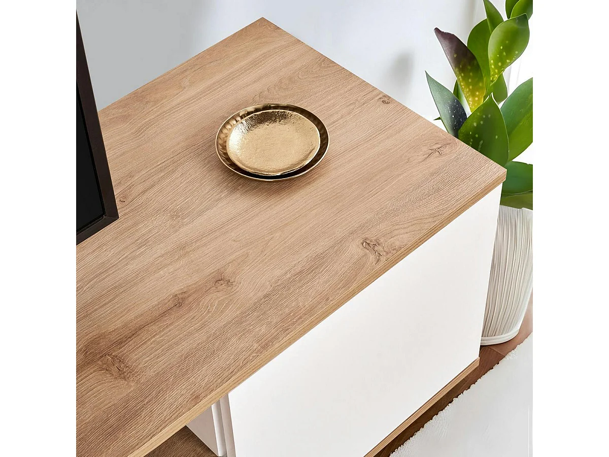 Meuble TV moderne 3 portes blanc et effet chêne MARFA