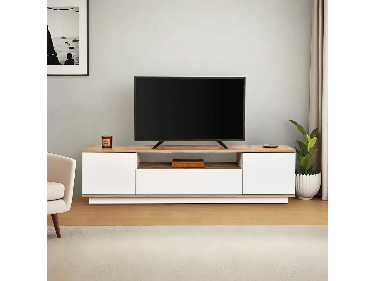 Meuble TV moderne 3 portes blanc et effet chêne MARFA