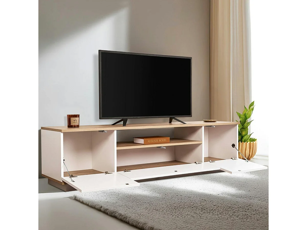 Meuble TV moderne 3 portes blanc et effet chêne MARFA