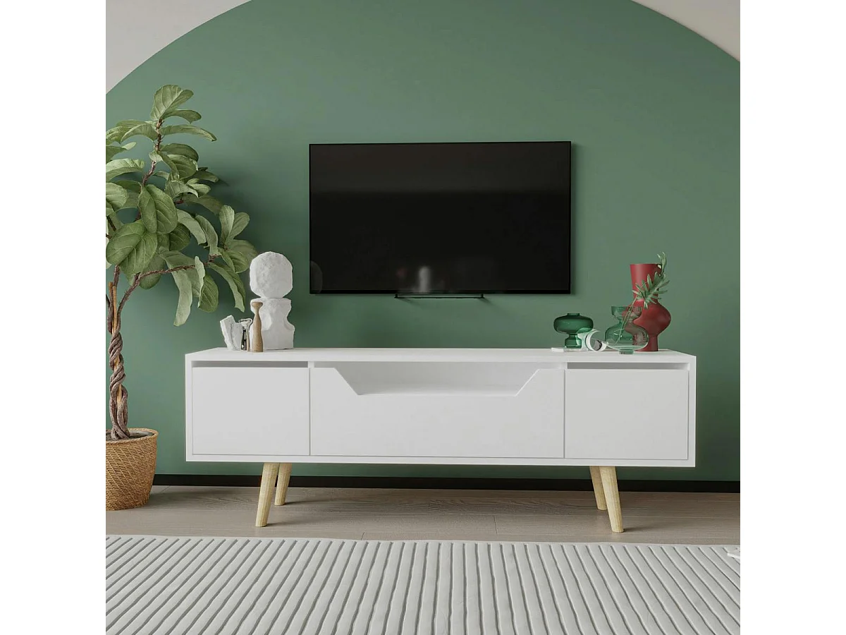 Meuble TV blanc moderne, 3 portes 150 cm MARFA