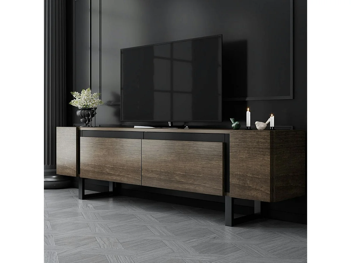 Meuble TV design effet noyer pieds cadres noirs JENA