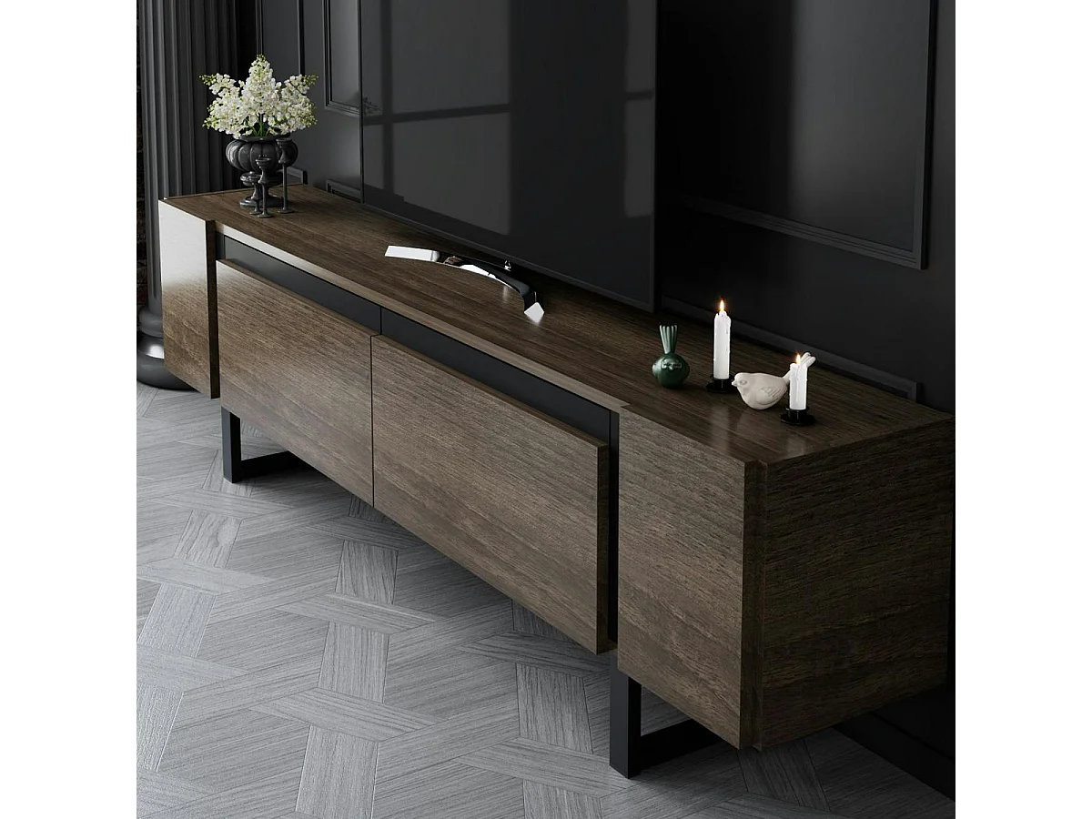 Meuble TV design effet noyer pieds cadres noirs JENA