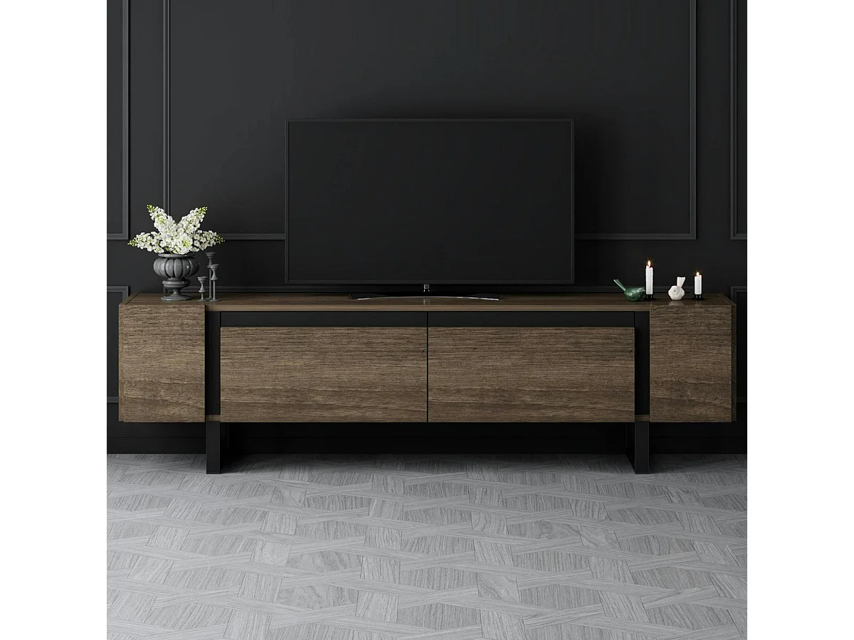 Meuble TV design effet noyer pieds cadres noirs JENA