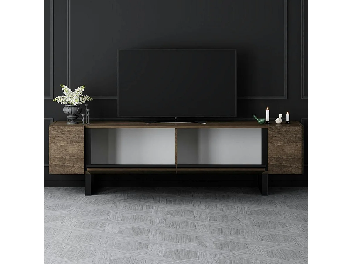 Meuble TV design effet noyer pieds cadres noirs JENA