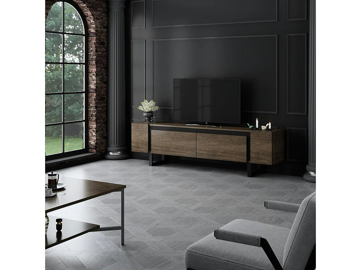 Meuble TV design effet noyer pieds cadres noirs JENA