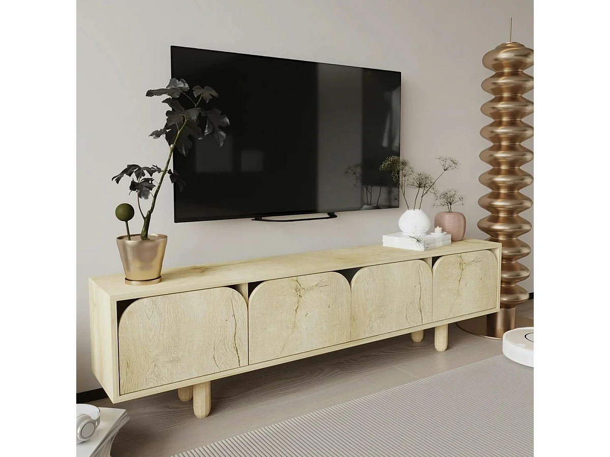 Meuble TV avec rangement, 4 portes courbes effet bois VAREN