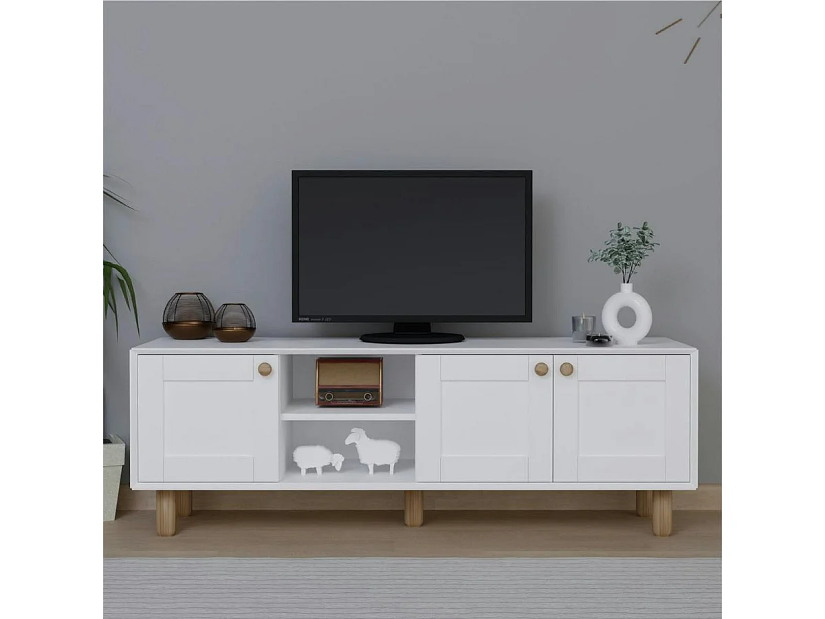 Meuble TV blanc, 3 portes à cadre et 2 niches VAREN