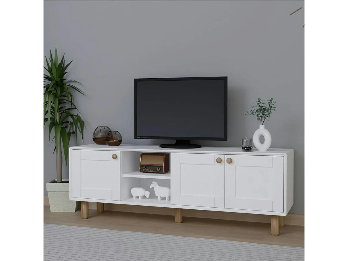 Meuble TV blanc, 3 portes à cadre et 2 niches VAREN