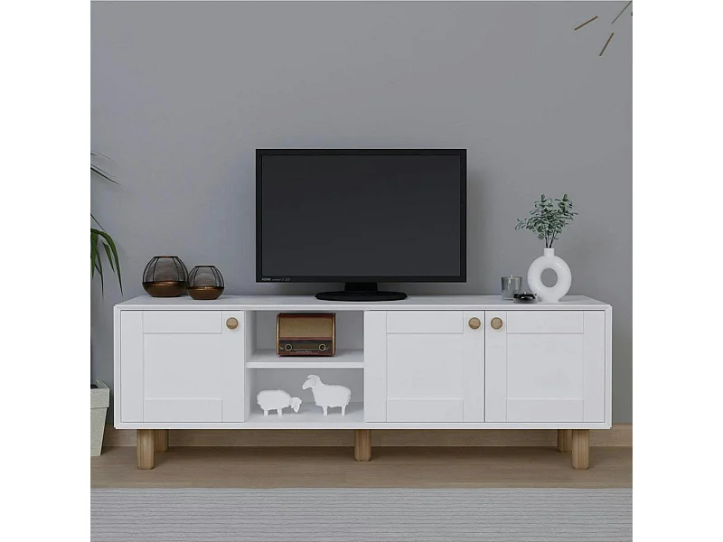 Meuble TV blanc, 3 portes à cadre et 2 niches VAREN