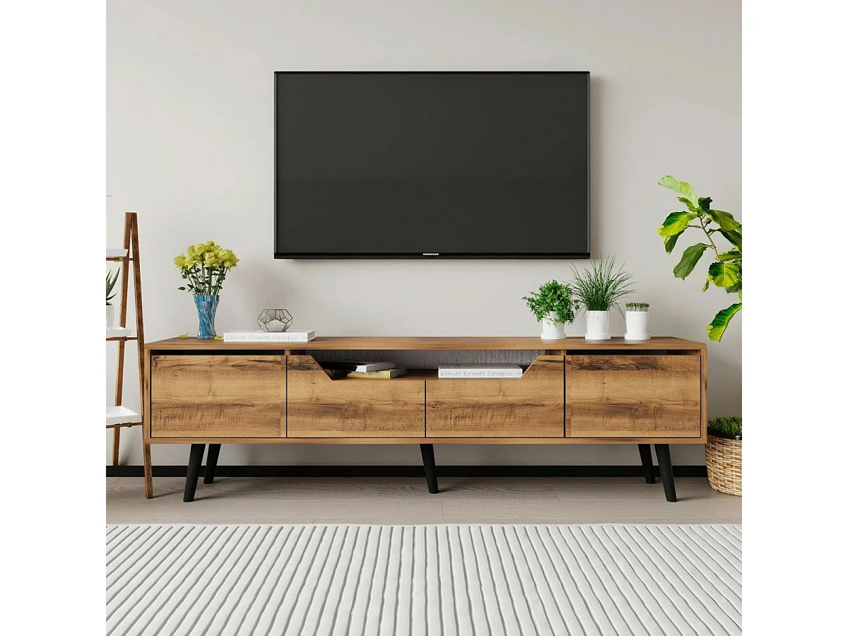 Long meuble TV 4 portes effet noyer pieds noirs 180 cm MARFA