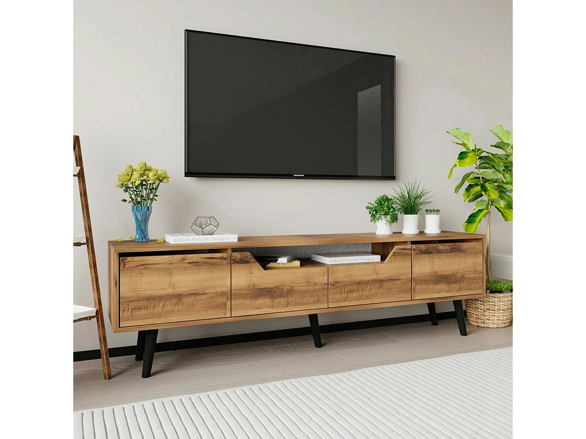 Long meuble TV 4 portes effet noyer pieds noirs 180 cm MARFA