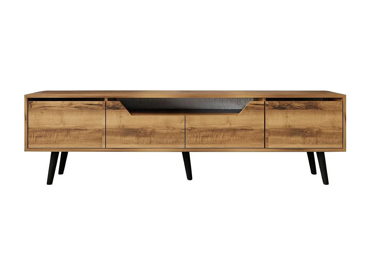 Long meuble TV 4 portes effet noyer pieds noirs 180 cm MARFA