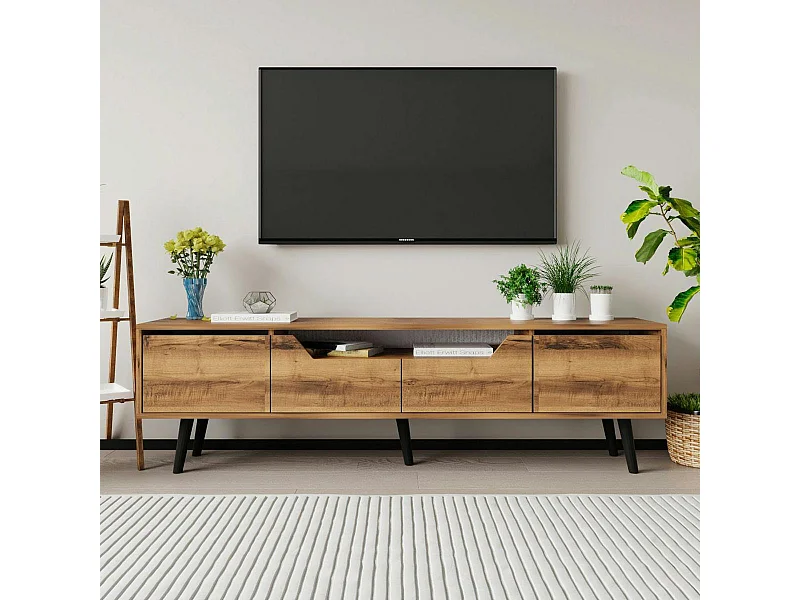 Long meuble TV 4 portes effet noyer pieds noirs 180 cm MARFA