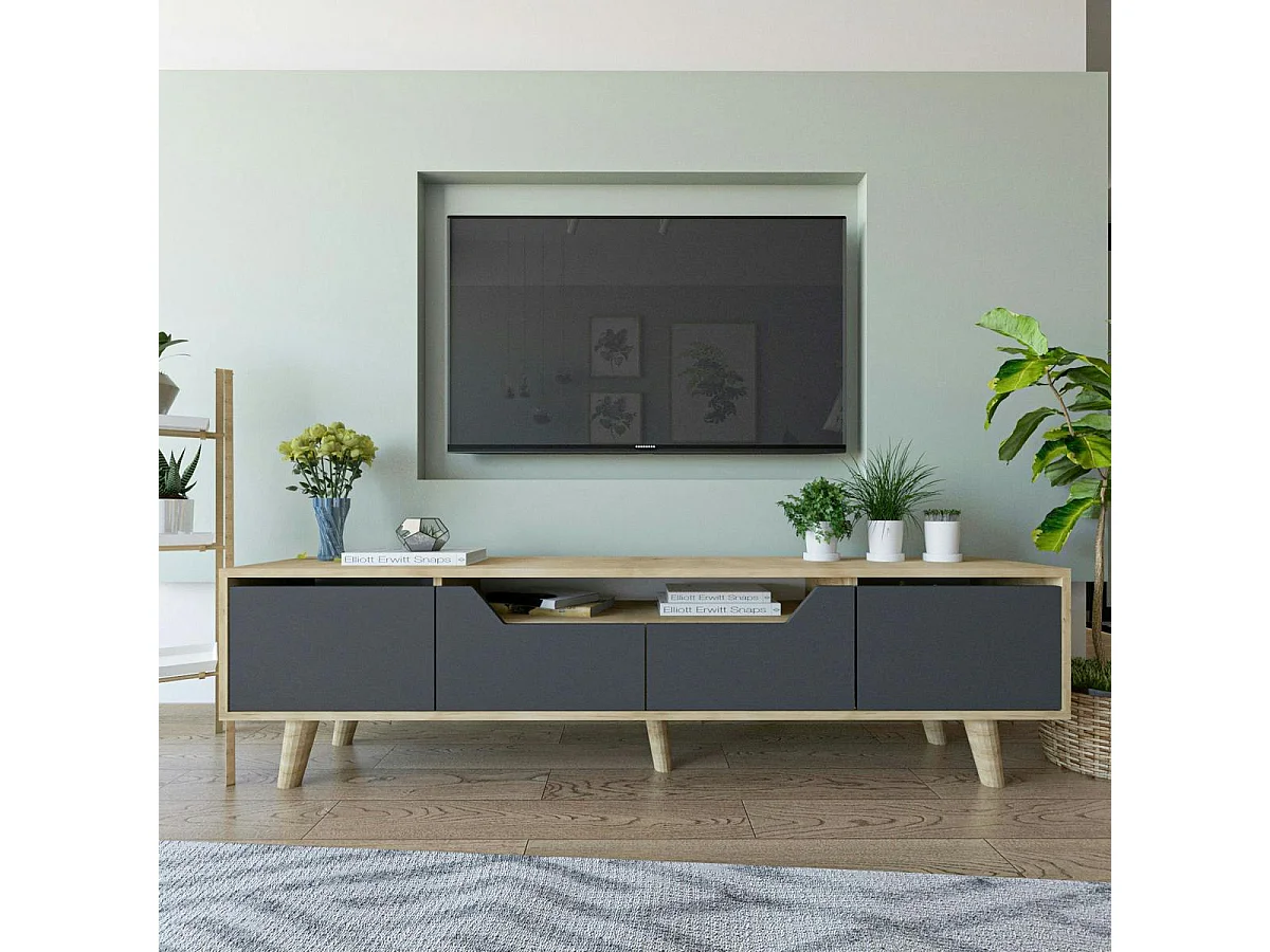 Long meuble TV 4 portes grises et cadre clair 180 cm MARFA