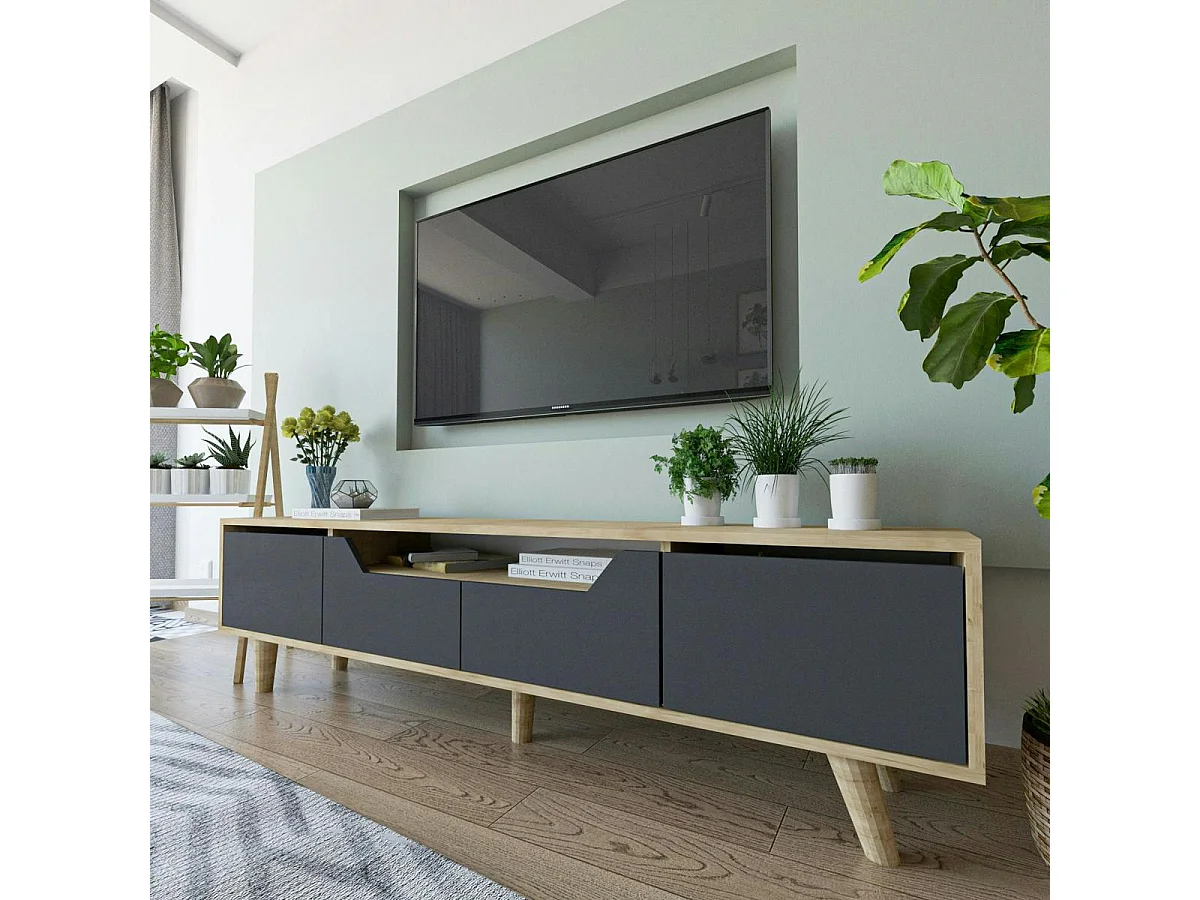 Long meuble TV 4 portes grises et cadre clair 180 cm MARFA