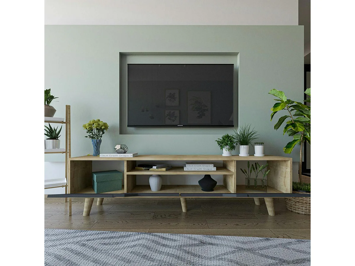 Long meuble TV 4 portes grises et cadre clair 180 cm MARFA