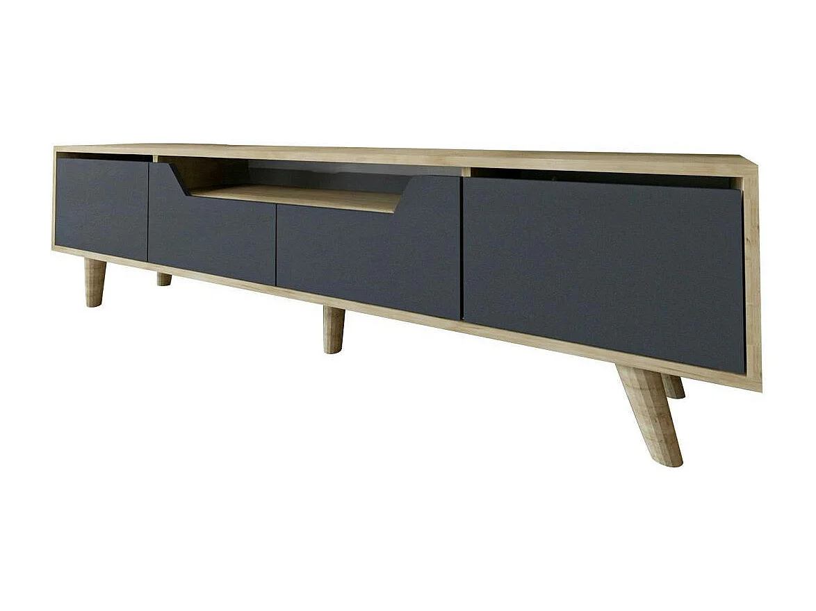 Long meuble TV 4 portes grises et cadre clair 180 cm MARFA