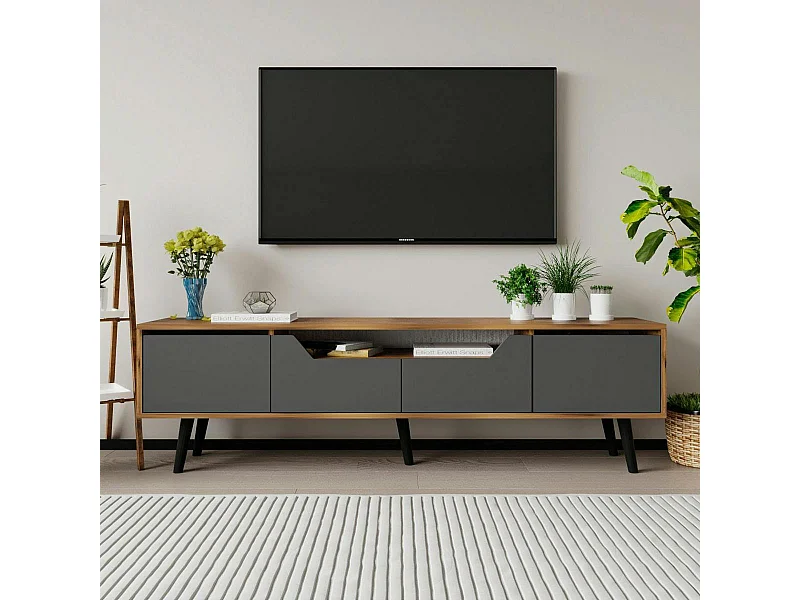 Long meuble TV 4 portes grises et cadre effet noyer MARFA