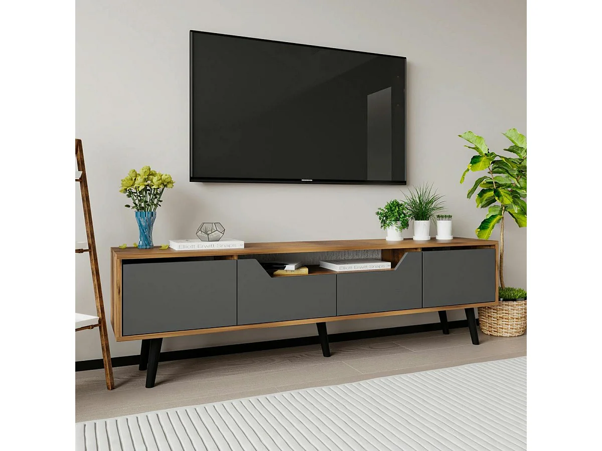 Long meuble TV 4 portes grises et cadre effet noyer MARFA