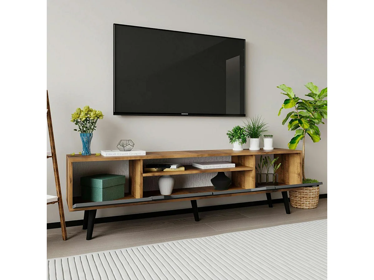 Long meuble TV 4 portes grises et cadre effet noyer MARFA