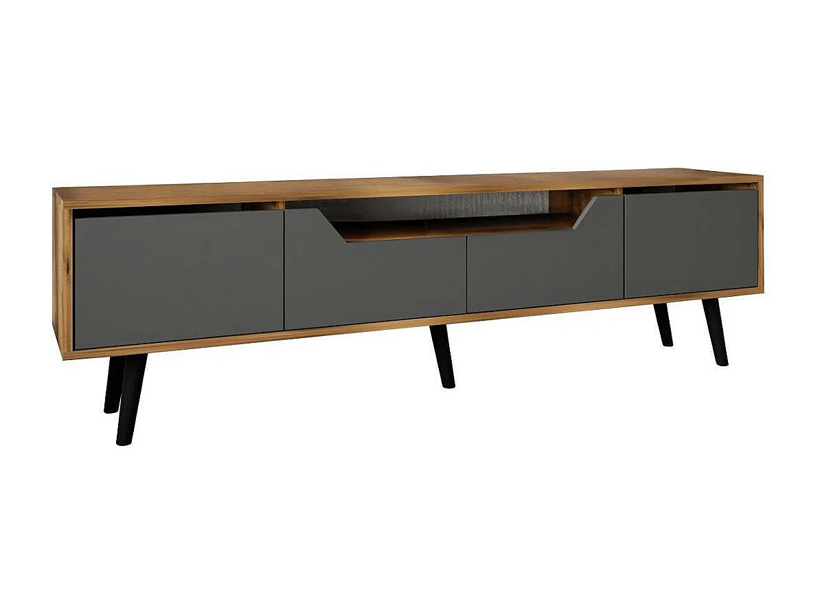 Long meuble TV 4 portes grises et cadre effet noyer MARFA