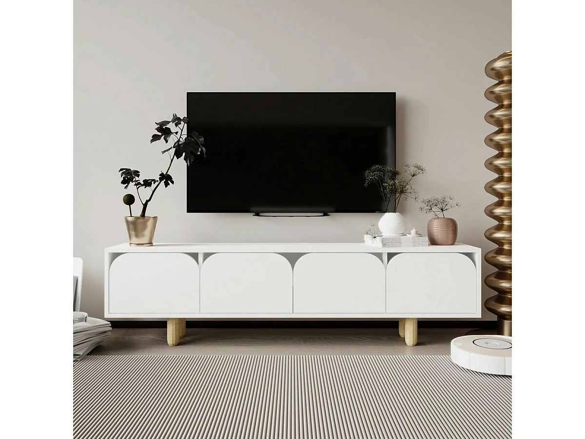 Meuble TV blanc avec rangement, 4 portes courbes VAREN