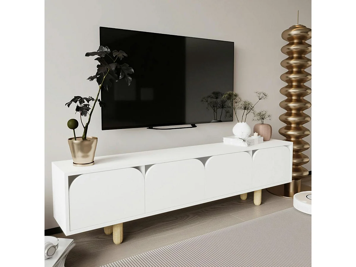 Meuble TV blanc avec rangement, 4 portes courbes VAREN