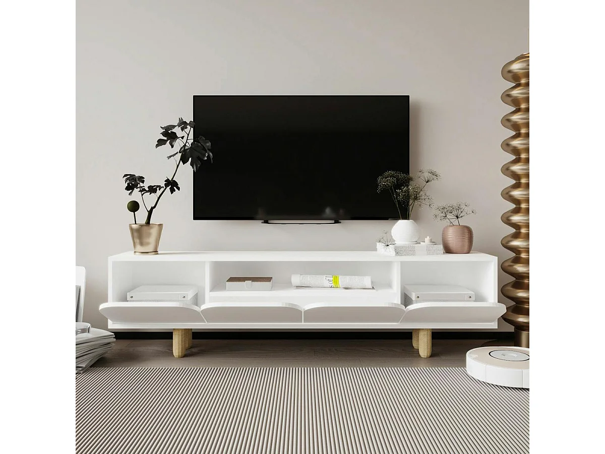 Meuble TV blanc avec rangement, 4 portes courbes VAREN