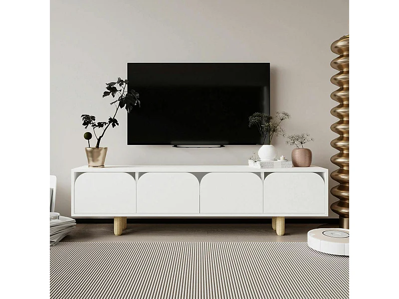Meuble TV blanc avec rangement, 4 portes courbes VAREN
