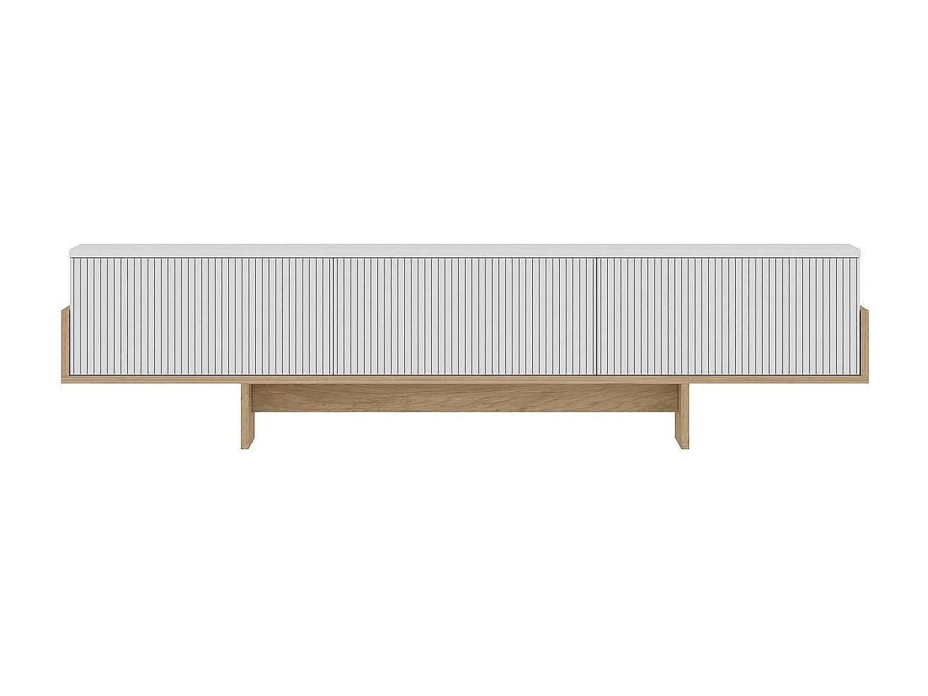 Meuble TV design blanc 3 portes striées et cadre clair MARFA