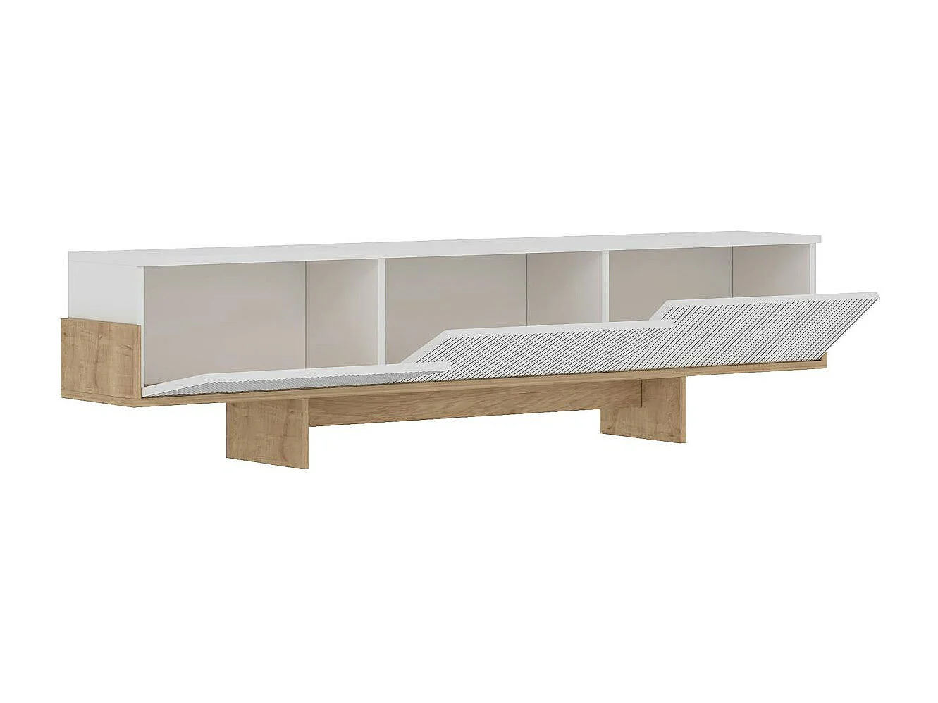 Meuble TV design blanc 3 portes striées et cadre clair MARFA